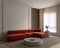 Modern minimalist gray, beige interior with red sofa, wall moldings, curtains and decor.