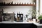 A modern, minimalist home coffee bar , featuring a sleek espresso machine, a collection of stylish mugs, and an assortment of