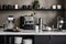 A modern, minimalist home coffee bar , featuring a sleek espresso machine, a collection of stylish mugs, and an assortment of