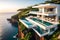 A Modern Minimalist House Perched on a Cliff Overlooking a Vast Azure Ocean - A Sleek Infinity Pool Blending with Coastal Serenity