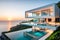 A Modern Minimalist House Perched on a Cliff Overlooking a Vast Azure Ocean - A Sleek Infinity Pool Blending with Coastal Serenity
