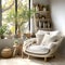 Modern minimalist interior with an armchair, pillows, plants on empty white color wall background. Scandinavian style