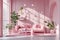 The modern minimalist interior of the living room in pastel pink tones. A comfortable sofa with cushions, an armchair, a