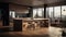 Modern minimalist kitchen with breakfast bar in urban luxury apartment. Wooden floor, wooden bar counter with bar stools
