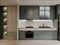 Modern minimalist kitchen with gray and white kitchen fronts and terrazzo backsplash