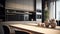 Modern minimalist kitchen interior. Gray flat facades, stone countertop, built-in home appliances, work surface lighting