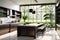 A Modern Minimalist Kitchen with Large Windows Overlooking a Lush Green Backyard - Sunlight Filtering into Sleek Simplicity
