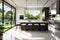 A Modern Minimalist Kitchen with Large Windows Overlooking a Lush Green Backyard - Sunlight Filtering into Sleek Simplicity