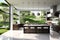 A Modern Minimalist Kitchen with Large Windows Overlooking a Lush Green Backyard - Sunlight Filtering into Sleek Simplicity