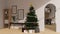 Modern minimalist living room on Christmas holiday with Christmas tree, arch door, and decor