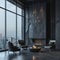 Modern minimalist living room in luxurious loft apartment. Dark walls, bio fireplace, luxury armchairs, panoramic