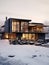 Modern minimalist private black house decorated with stone tiles mosaic cladding. Villa with big floor to ceiling panoramic