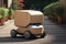 Modern minimalist robot courier with cargo container parked on road in street. Robotic delivery service