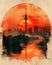 Modern Minimalist Skyline Album Artwork Digital Collage Red Sunset Wide Horizon Vibrant Painting Artistic