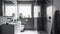 A modern minimalist small bathroom in light grey and dark brown tones with a big shower. Generative AI