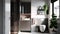 A modern minimalist small bathroom in light grey and dark brown tones with a big shower. Generative AI