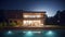 Modern minimalist two-story villa with huge panoramic windows and a pool in the foreground at dusk. Modern comfortable