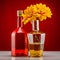 Modern minimalist wine bottle design, flowers exotic, vivid color background. AI Generated