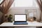 Modern minimalist workplace with laptop mockup with white empty screen on wooden desk with mood board with pined notes and photo,