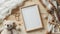 a modern minimalistic square wooden frame mockup on a light wood table, complemented by a teddy bear toy and baby