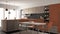 Modern minimalistic wooden kitchen with dining table, carpet and panoramic window, gray and red architecture interior design