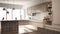 Modern minimalistic wooden kitchen with parquet floor, carpet and panoramic window, white architecture interior