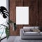 Modern mock up interior with wooden panel wall and white empty picture frame