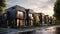 Modern modular private black townhouses. Residential architecture exterior.