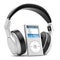 Modern musical multimedia player and silver headphones.