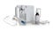 Modern nebulizer with face mask and medications on white background. Inhalation equipment