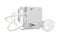 Modern nebulizer with face mask on white background. Inhalation equipment