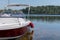 Modern new boat moored in lake in Lacanau France