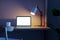 Modern nighttime table with blank white laptop screen, lamp and coffee cup. Designer workspace concept. 3D Rendering