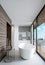 Modern nordic style bathroom. Bathroom with a large panoramic window and access to the terrace