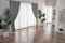 Modern Ä°nterior with curtain and parquet, for your furniture, bed, empty space