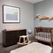 A modern nursery with a convertible crib, a rocking chair, and whimsical wall decals1, Generative AI