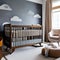 A modern nursery with a convertible crib, a rocking chair, and whimsical wall decals2, Generative AI