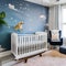 A modern nursery with a convertible crib, a rocking chair, and whimsical wall decals5, Generative AI