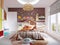 Modern nursery with white and brown wall and bed with orange blanket and headboard house and writing desk with shelves and multi-
