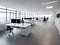 modern office boardroom and meeting room interior with desks, chairs and cityscape view.