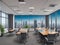 modern office boardroom and meeting room interior with desks, chairs and cityscape view.