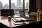 Modern Office Elegance: Financial Portfolio on Mahogany Desk with City Skyline
