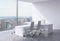 Modern office interior with huge windows and New York panoramic view. A concept of CEO workplace.