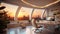 Modern office interior with panoramic window and city view while sunset, soft led backlight, 3d render. Luxury interior of