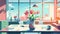 Modern Office Interior with Stunning City View and Vibrant Tulips Vector