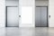 Modern office lobby interior with steel elevators, empty banner, concrete flooring and tile wall. Mock up