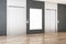 Modern office lobby interior with steel elevators, empty white mock up poster, wooden flooring and tile wall.