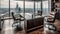 Modern office with panoramic cityscape view, empty leather armchair waiting generated by AI