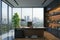 A modern office space with large windows providing an expansive view of the bustling city below, Business office with scenic view