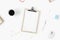 Modern office table desk female workspace clipboard accessories flat lay top view
